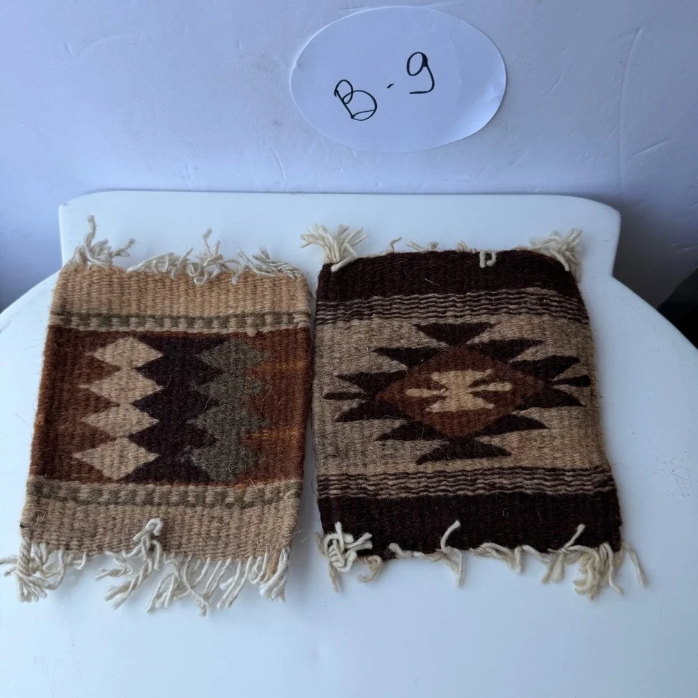 Set of 2 Southwestern Woven Wool Coasters Geometric Fringe Earth Tones B-9